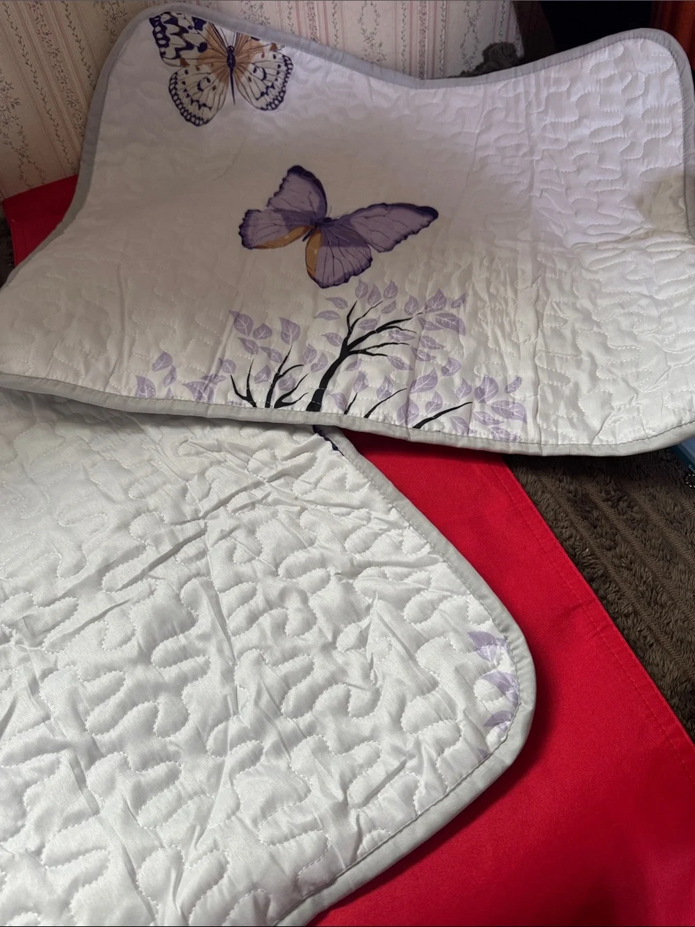 Quilted Butterfly Bed Runner Set - White with Purple Accents